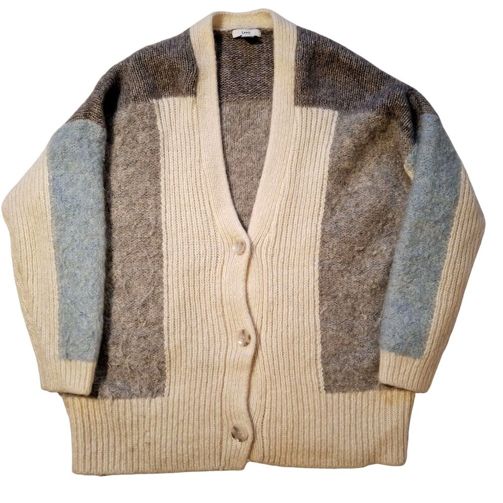 Lewit Womens Small Colorblock Mohair Blend Cardigan Sweater In Cream Gray & Blue